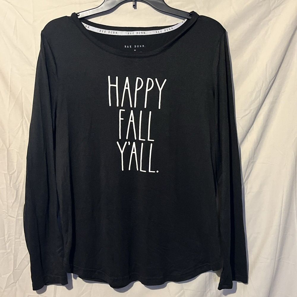 Rae Dunn Shirt Womens Black‎ Long Sleeve Stretch HAPPY FALL Y'ALL Print Size M
